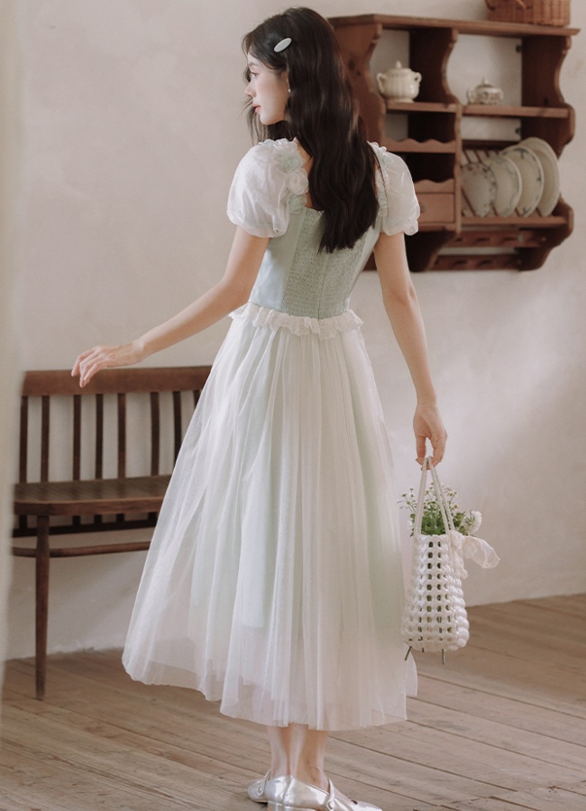Lace maiden long dress boats sleeve splice dress