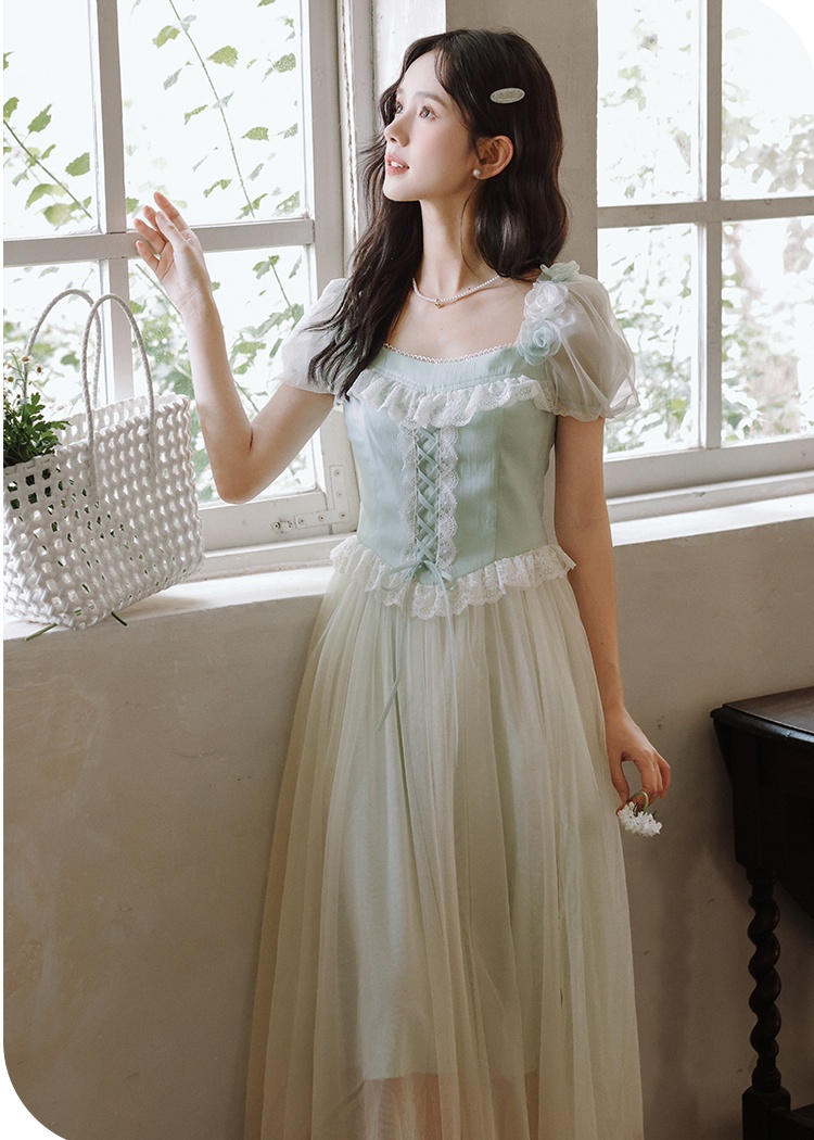 Lace maiden long dress boats sleeve splice dress
