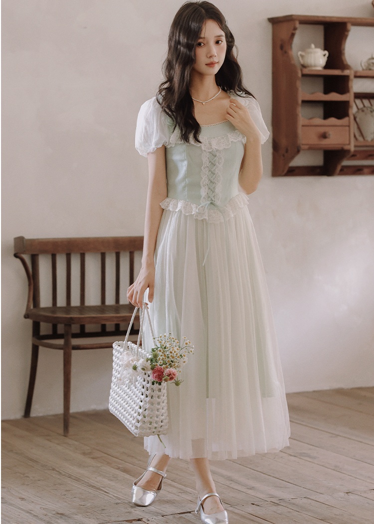 Lace maiden long dress boats sleeve splice dress