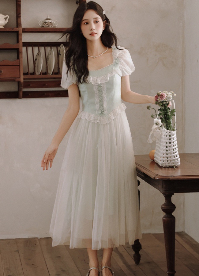Lace maiden long dress boats sleeve splice dress