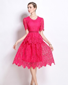 Fashion hollow round neck light luxury slim lace dress