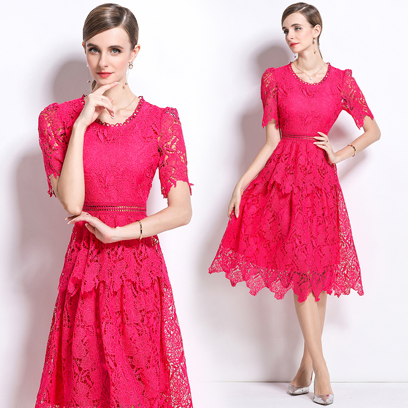 Fashion hollow round neck light luxury slim lace dress