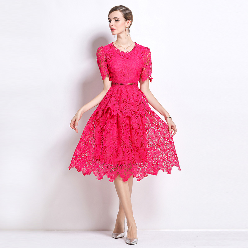 Fashion hollow round neck light luxury slim lace dress