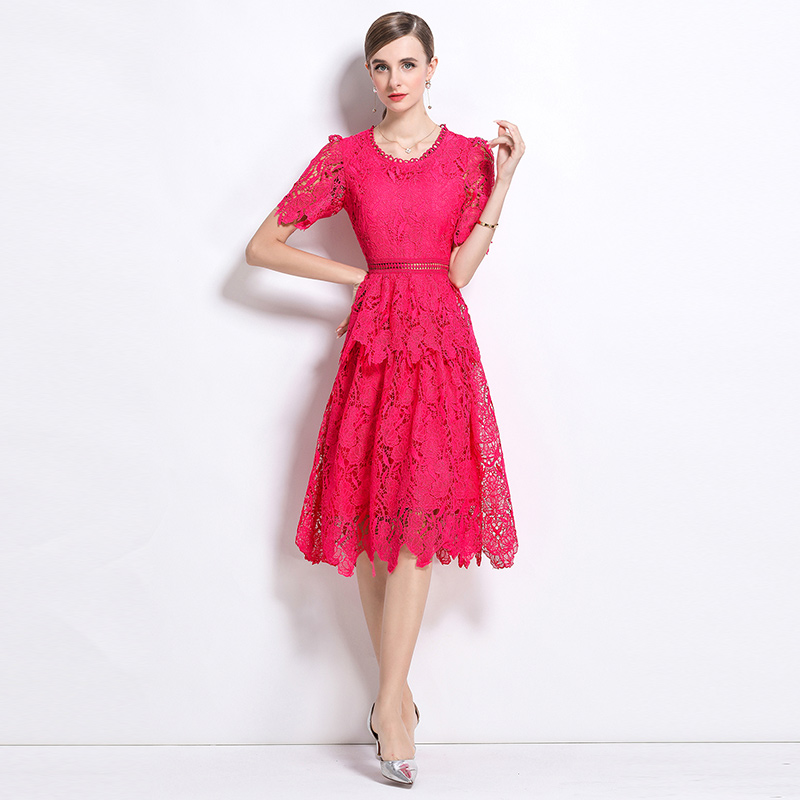 Fashion hollow round neck light luxury slim lace dress
