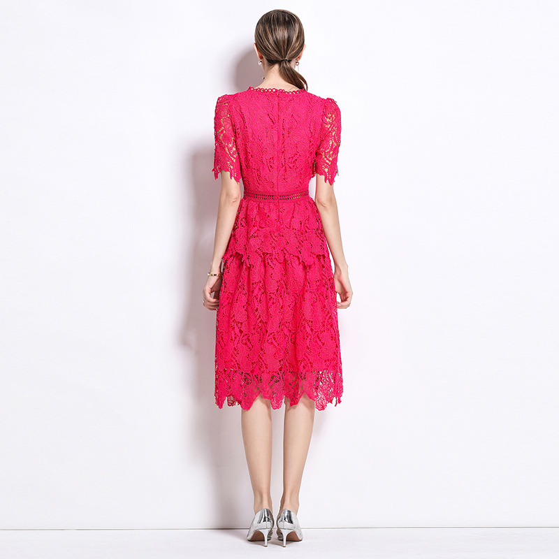 Fashion hollow round neck light luxury slim lace dress