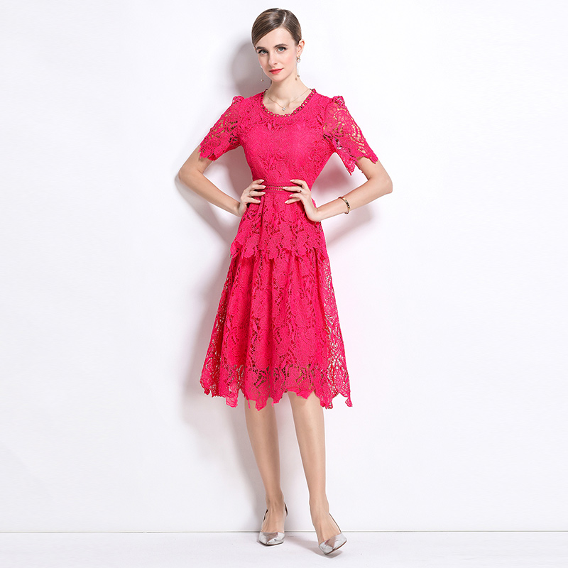 Fashion hollow round neck light luxury slim lace dress