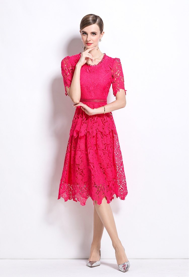 Fashion hollow round neck light luxury slim lace dress