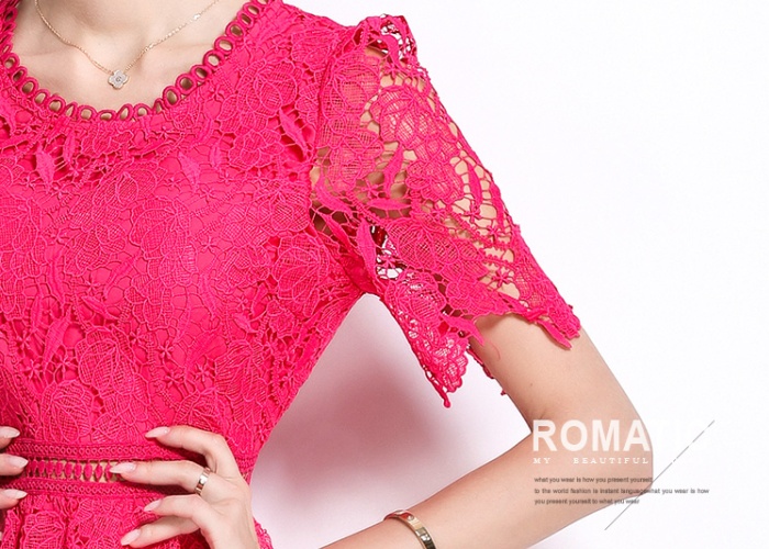 Fashion hollow round neck light luxury slim lace dress