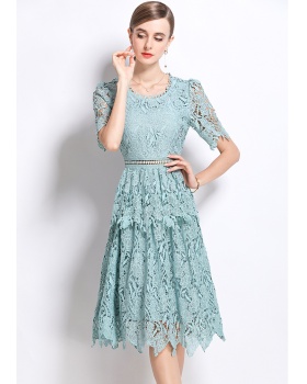 Light luxury long slim hollow lace round neck fashion dress