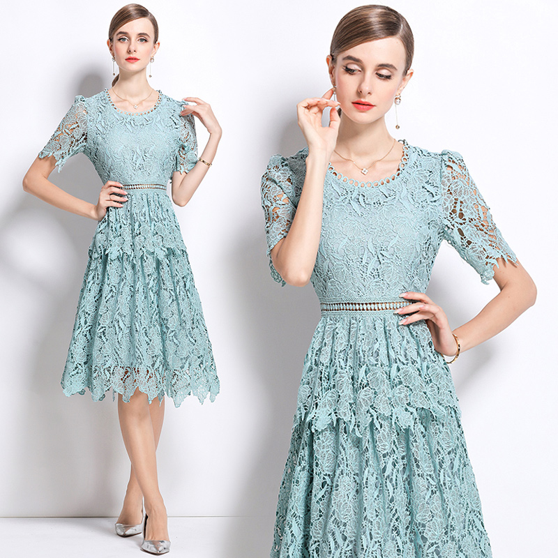 Light luxury long slim hollow lace round neck fashion dress