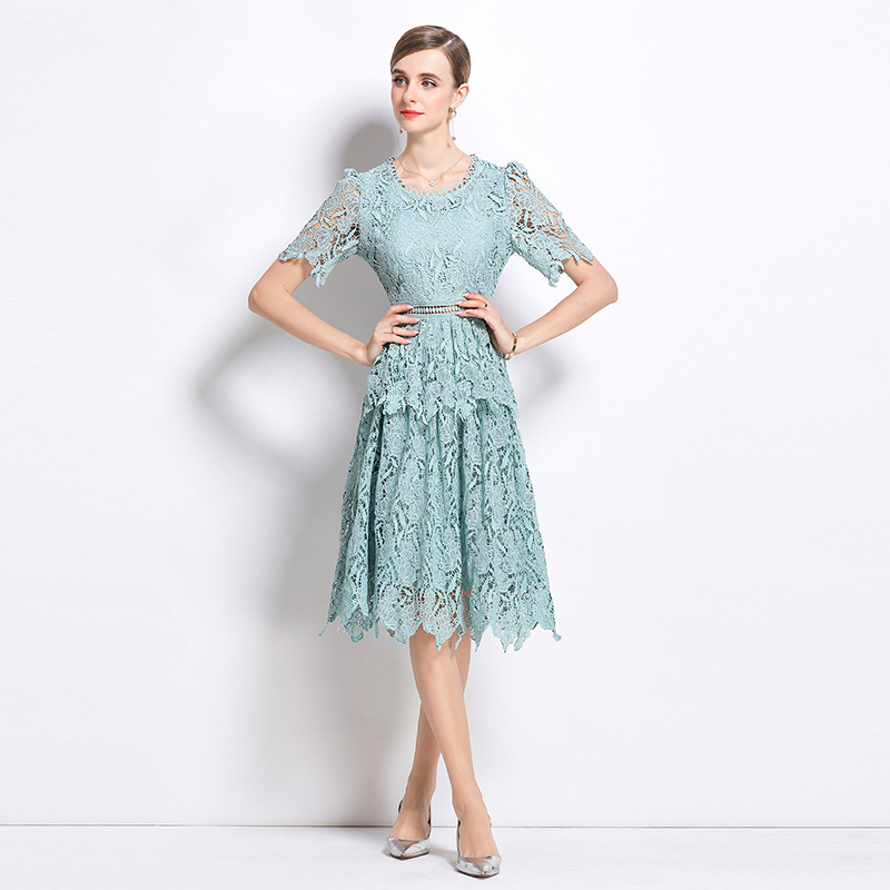 Light luxury long slim hollow lace round neck fashion dress