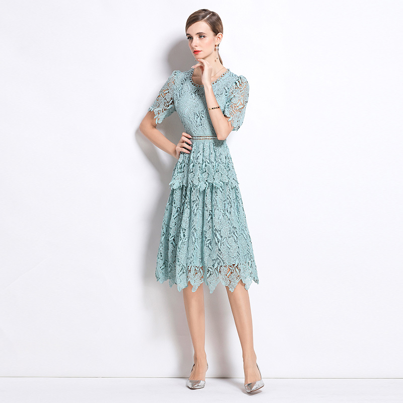 Light luxury long slim hollow lace round neck fashion dress