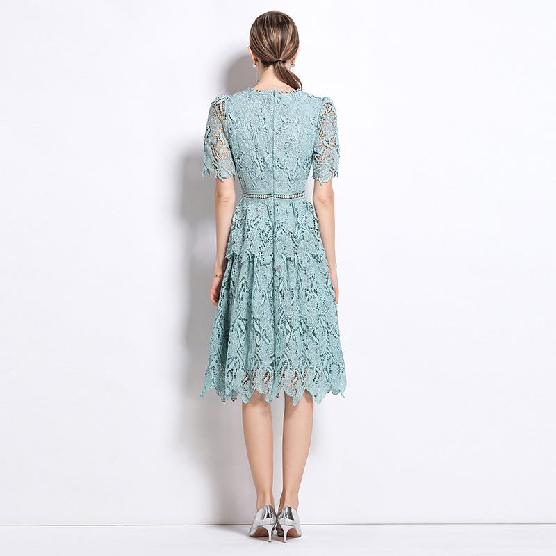 Light luxury long slim hollow lace round neck fashion dress