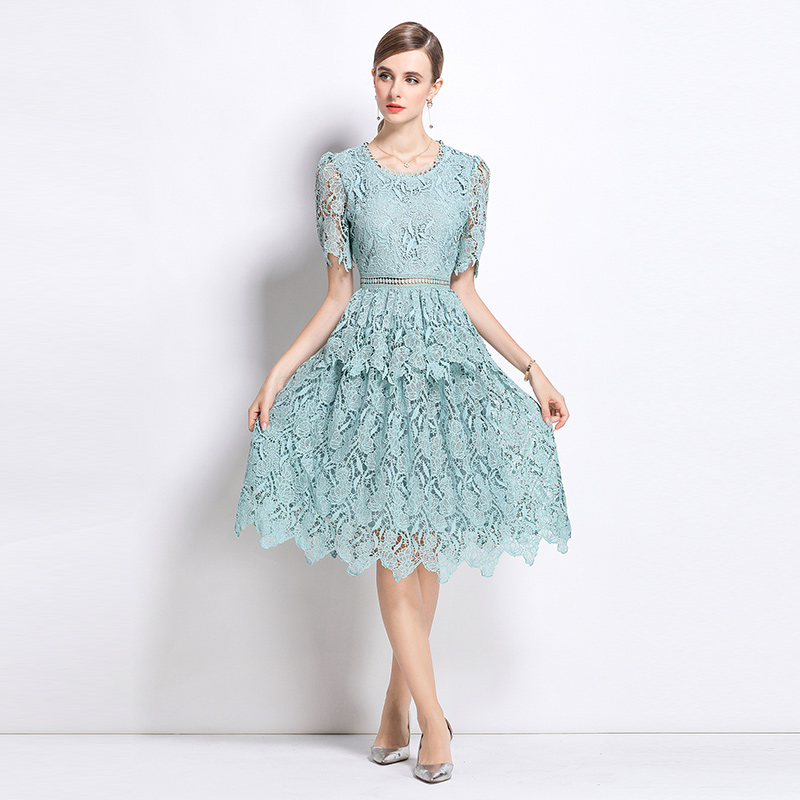 Light luxury long slim hollow lace round neck fashion dress