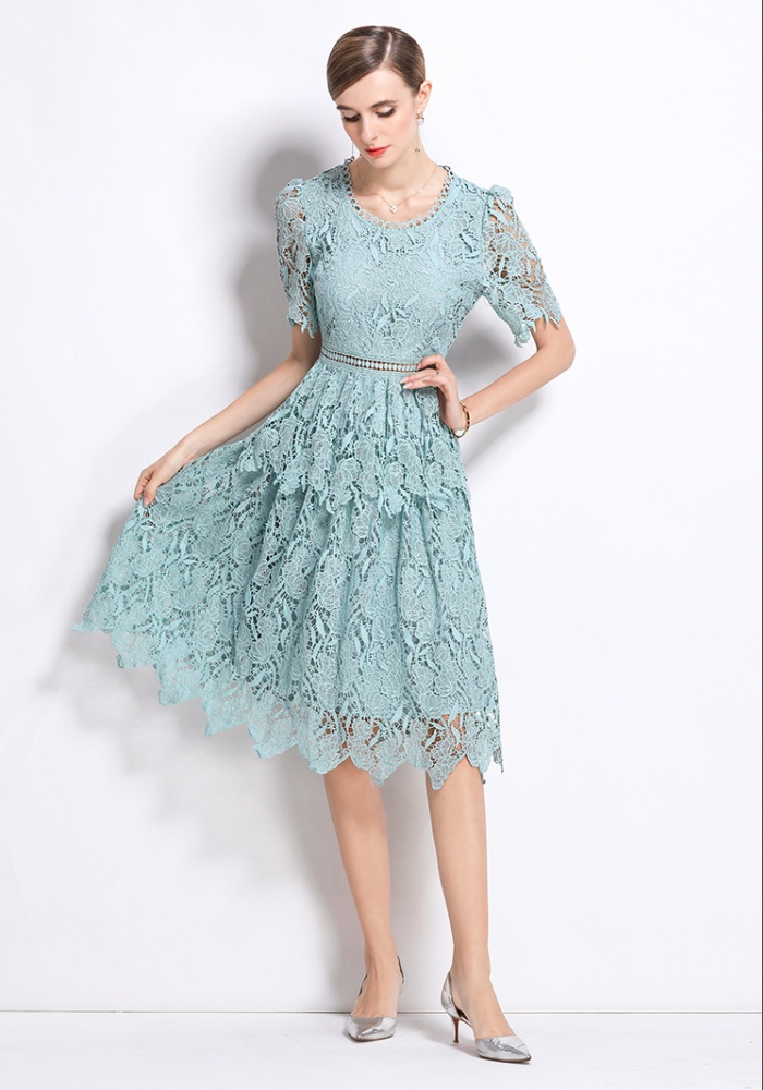 Light luxury long slim hollow lace round neck fashion dress