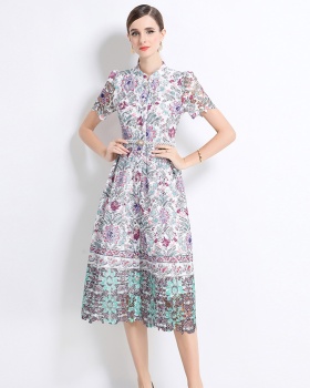 Short sleeve hollow fashion long lace slim dress