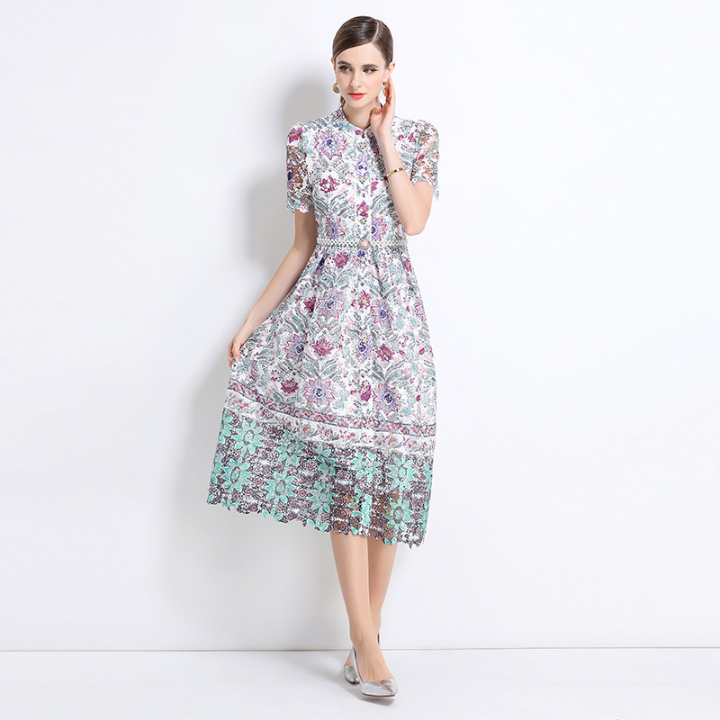 Short sleeve hollow fashion long lace slim dress