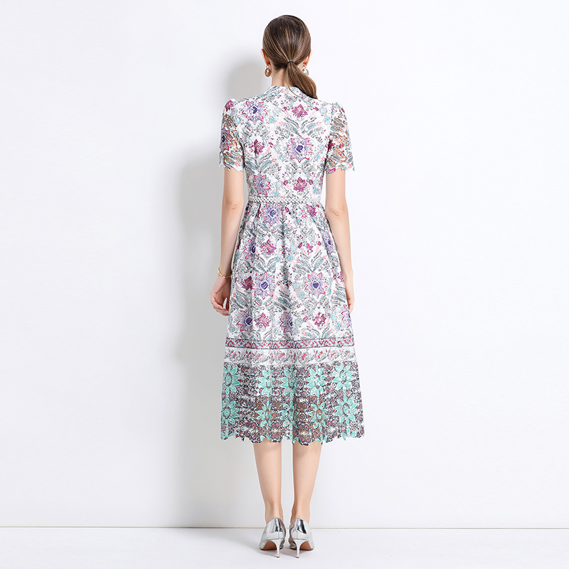 Short sleeve hollow fashion long lace slim dress