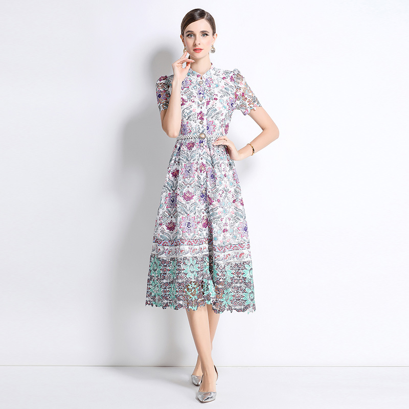 Short sleeve hollow fashion long lace slim dress
