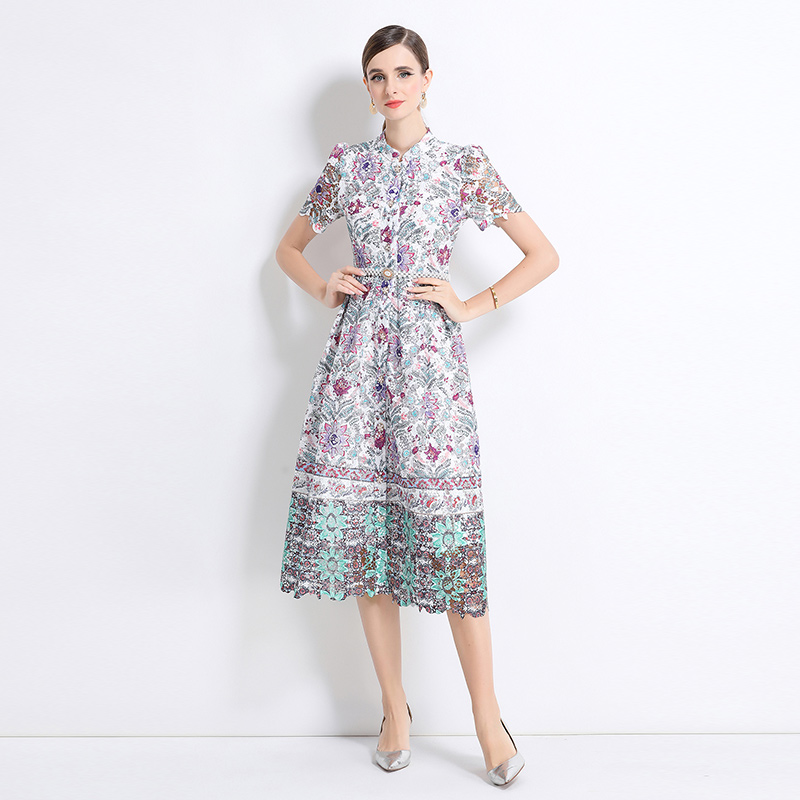 Short sleeve hollow fashion long lace slim dress