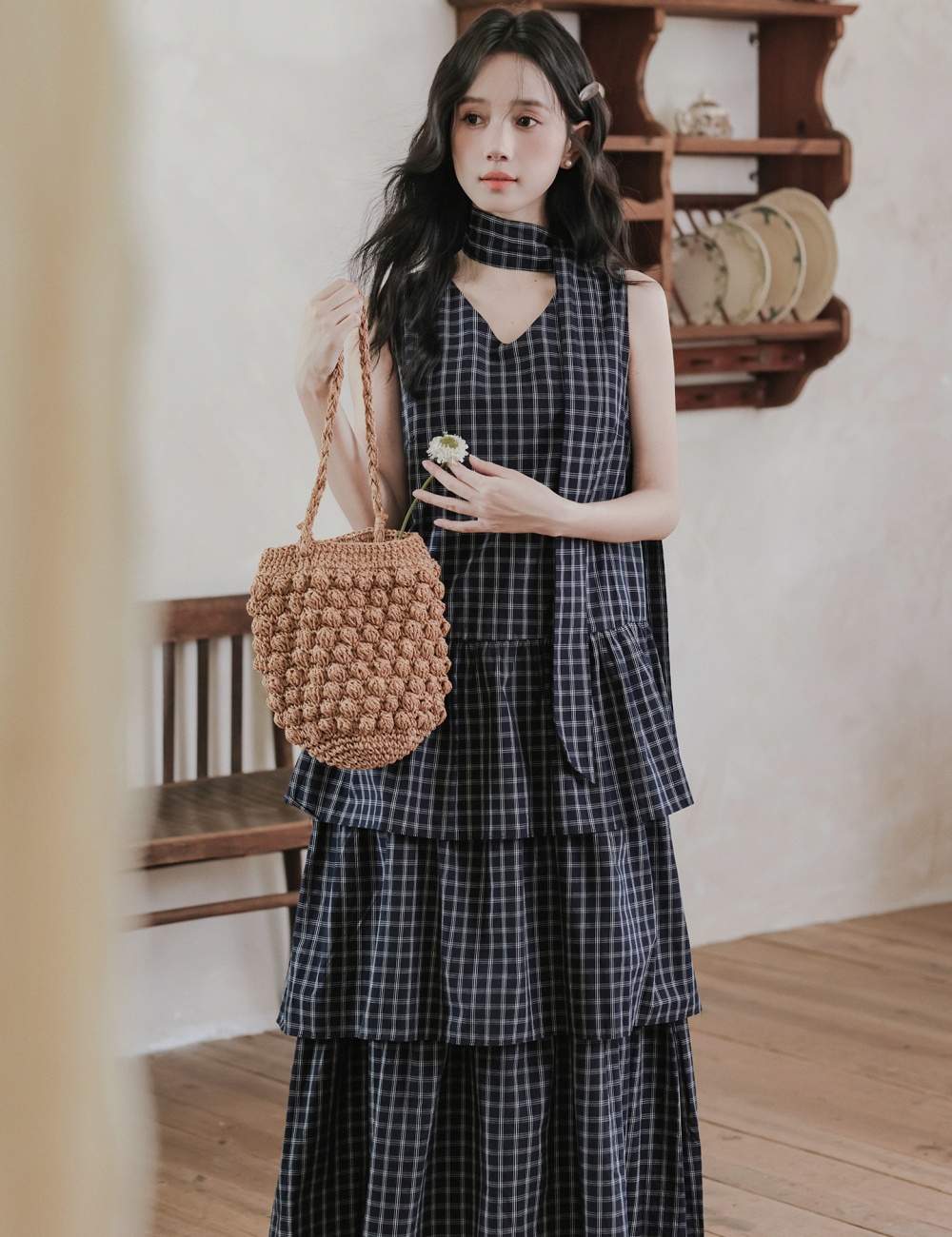 Plaid cake dress retro long sleeveless dress for women