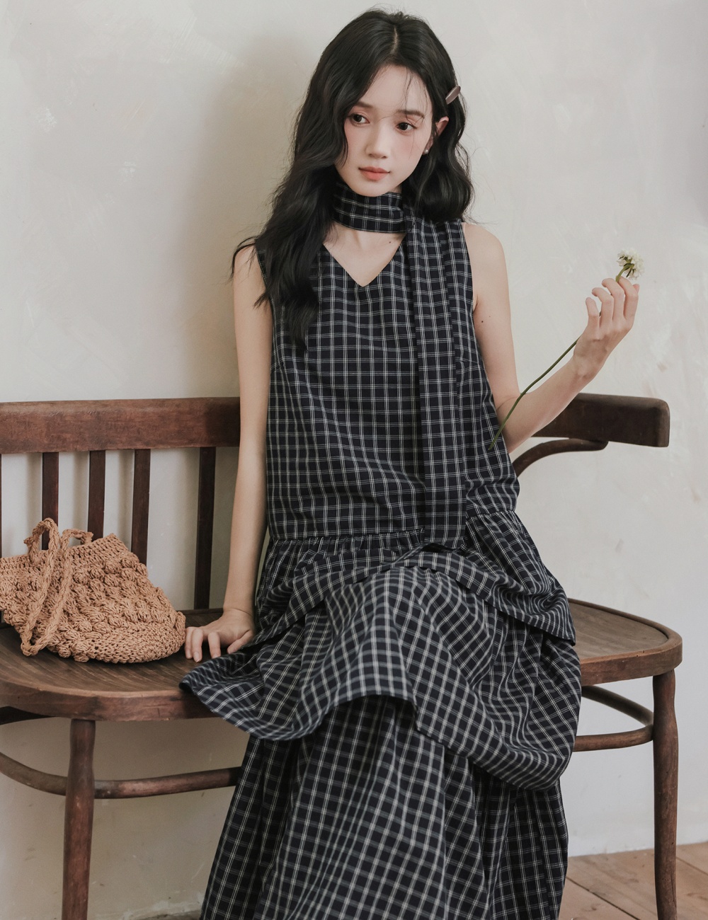 Plaid cake dress retro long sleeveless dress for women