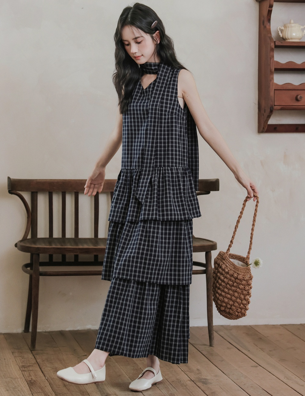 Plaid cake dress retro long sleeveless dress for women