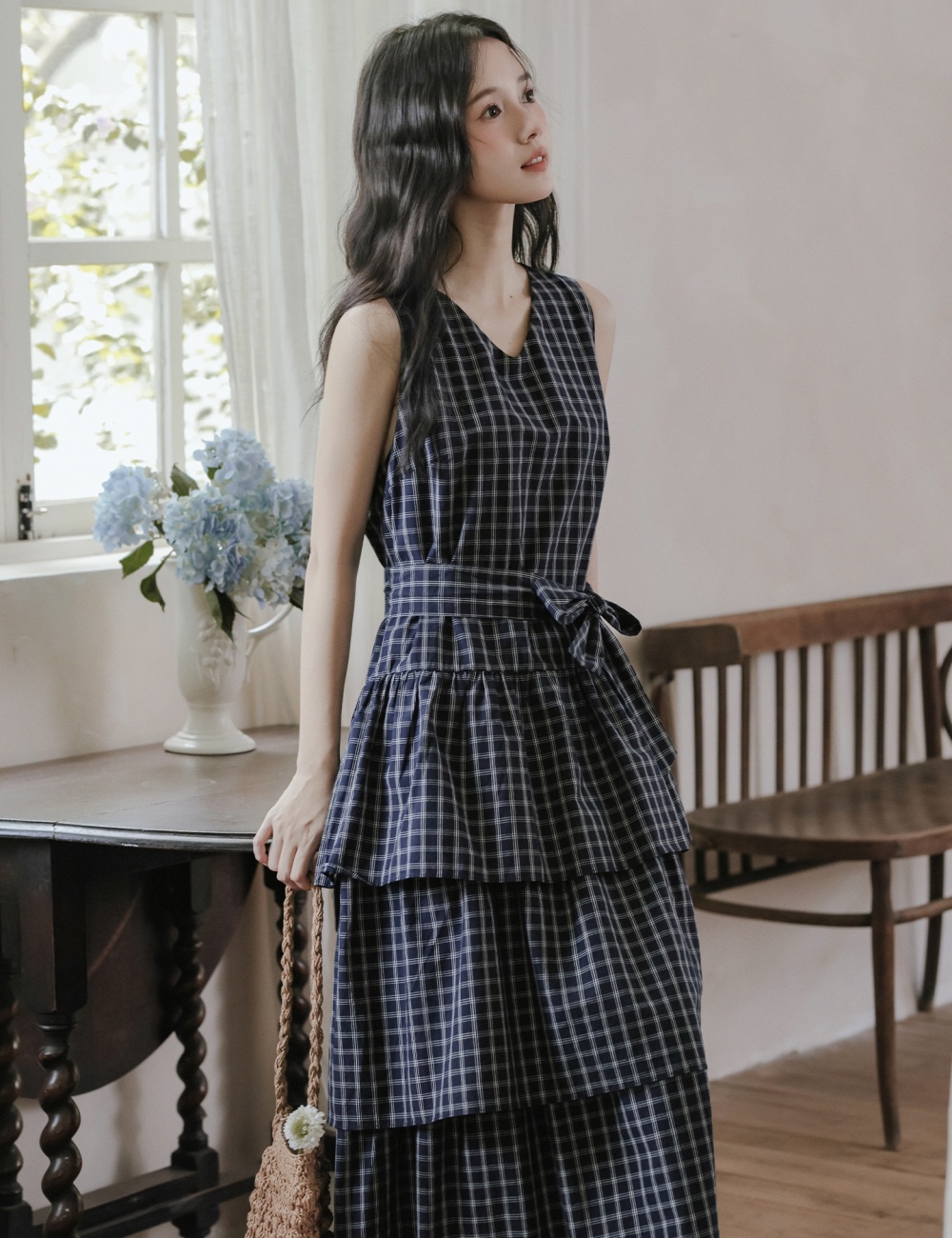 Plaid cake dress retro long sleeveless dress for women