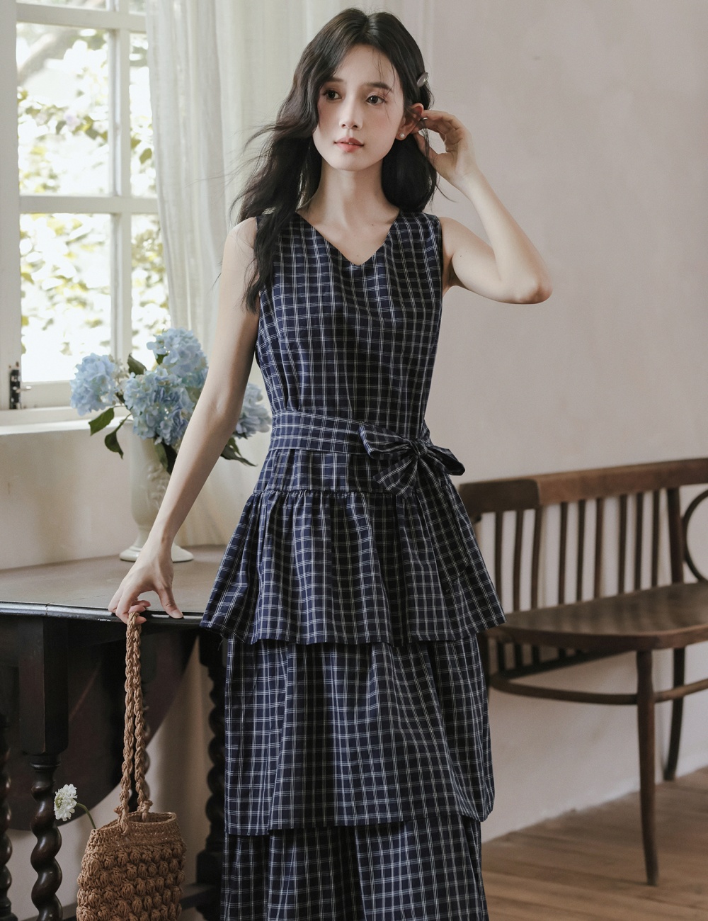 Plaid cake dress retro long sleeveless dress for women