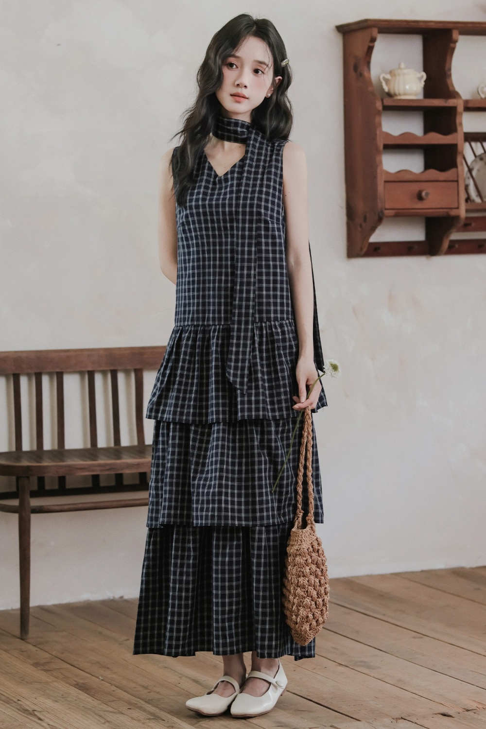 Plaid cake dress retro long sleeveless dress for women