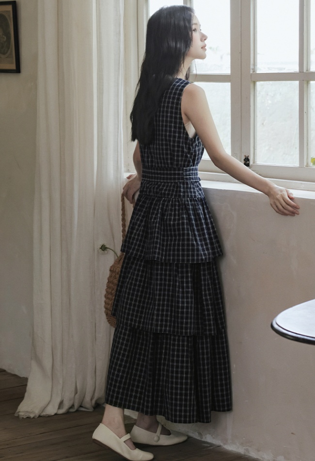 Plaid cake dress retro long sleeveless dress for women