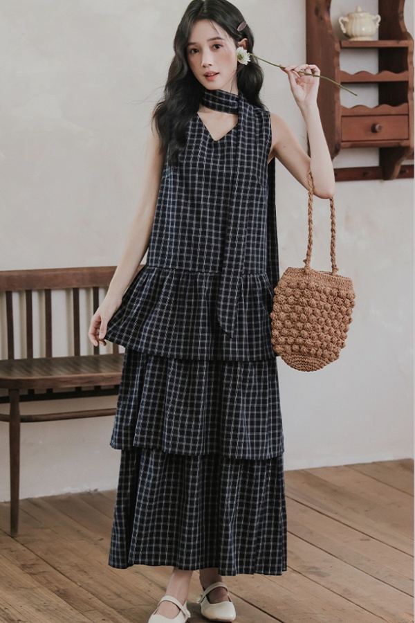 Plaid cake dress retro long sleeveless dress for women