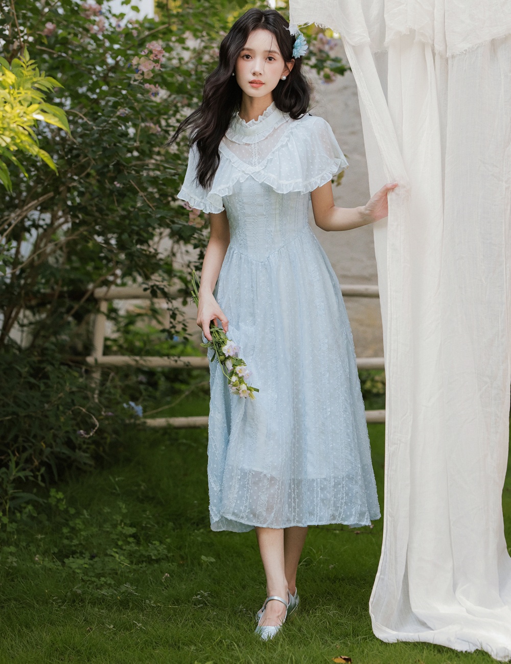 Retro France style dress jacquard summer long dress