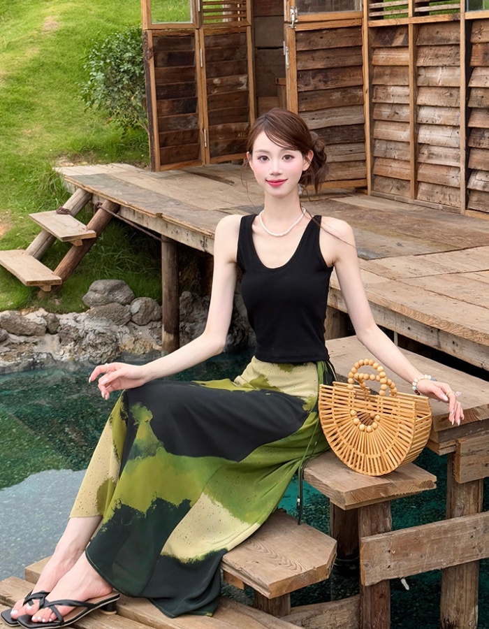 Chiffon printing vest sling skirt 2pcs set for women