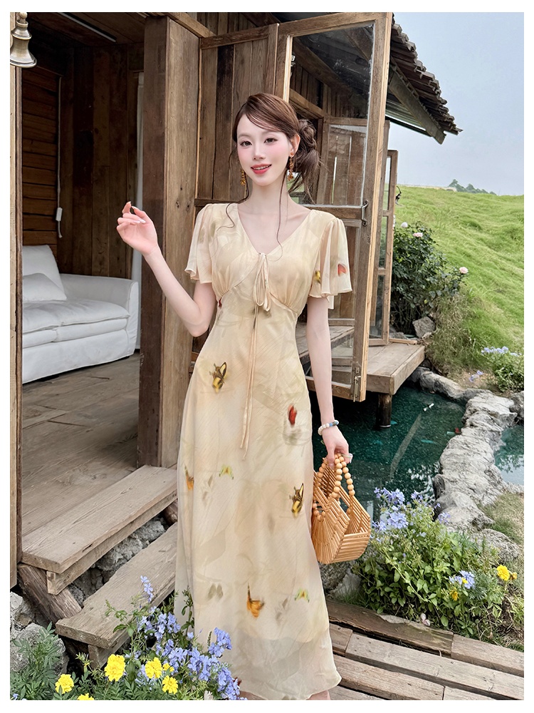 Butterfly printing France style elegant dress for women