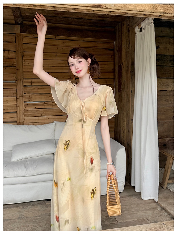 Butterfly printing France style elegant dress for women