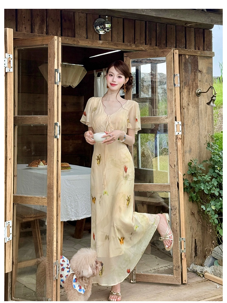 Butterfly printing France style elegant dress for women
