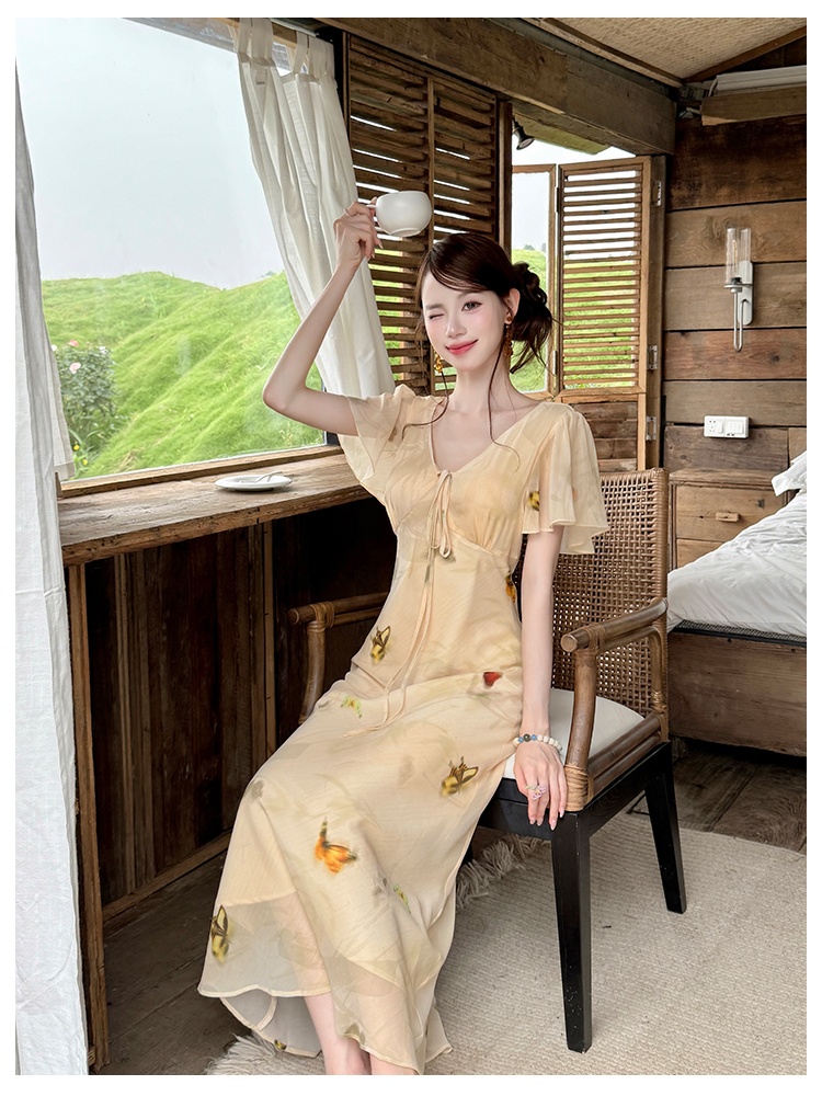 Butterfly printing France style elegant dress for women