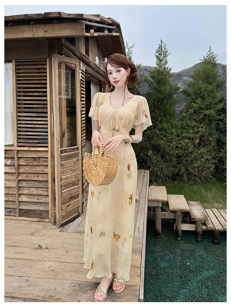 Butterfly printing France style elegant dress for women