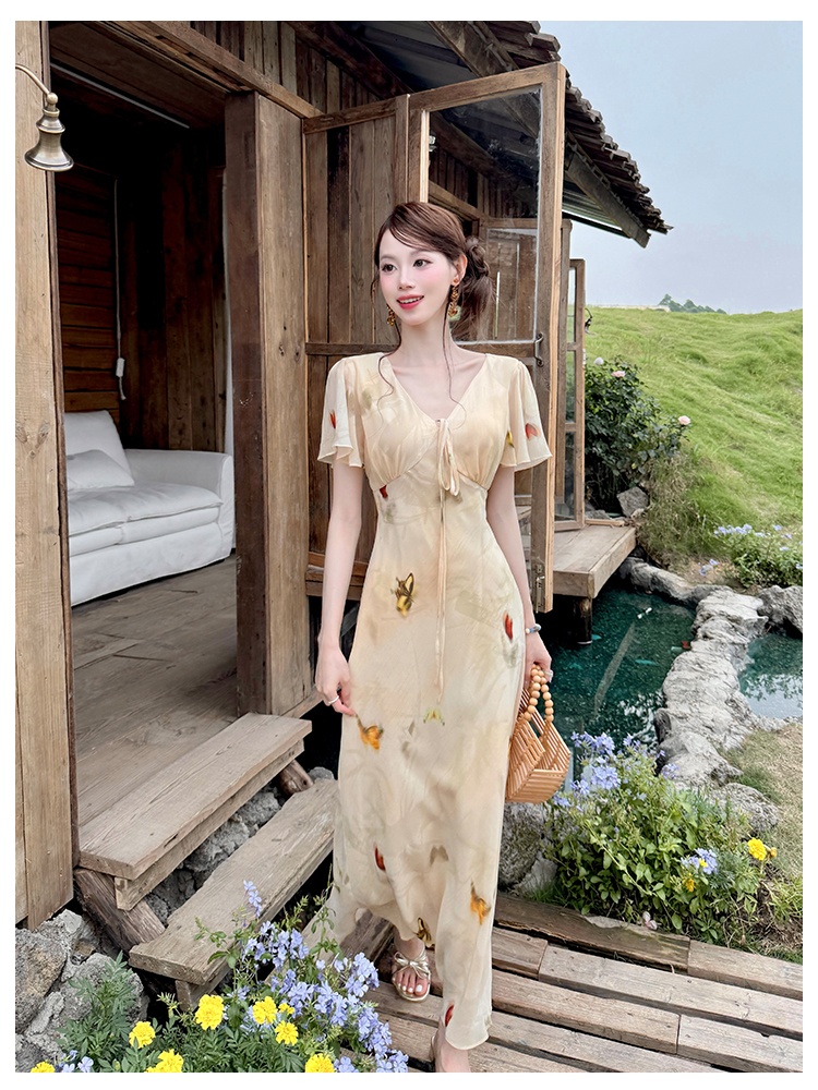 Butterfly printing France style elegant dress for women