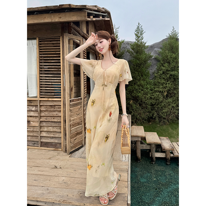 Butterfly printing France style elegant dress for women