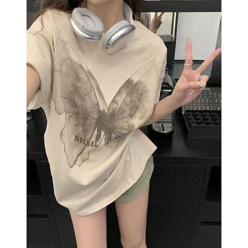 Hemming printing short sleeve loose T-shirt