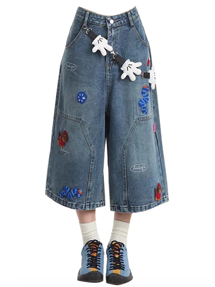 High waist short jeans American style cropped pants for women