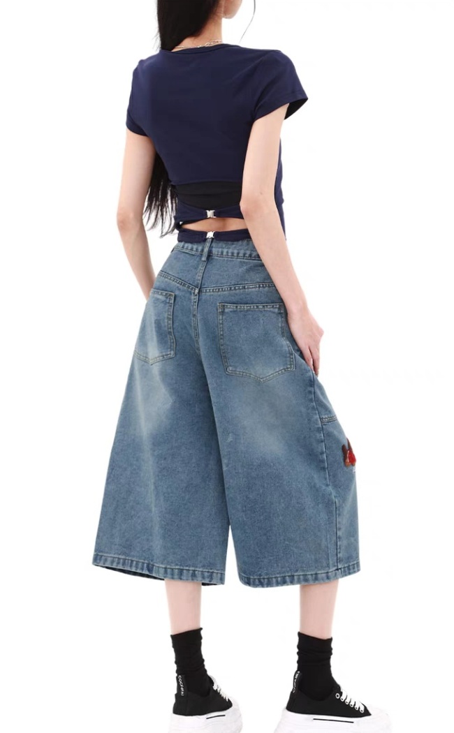 High waist short jeans American style cropped pants for women