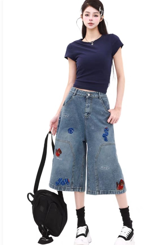High waist short jeans American style cropped pants for women