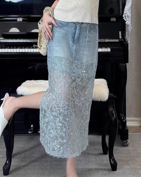 Summer split denim skirt lace rhinestone skirt for women