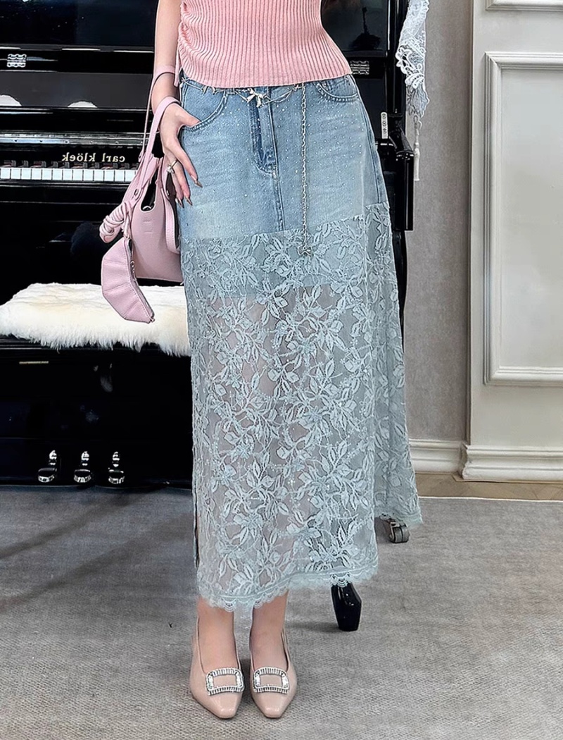 Summer split denim skirt lace rhinestone skirt for women