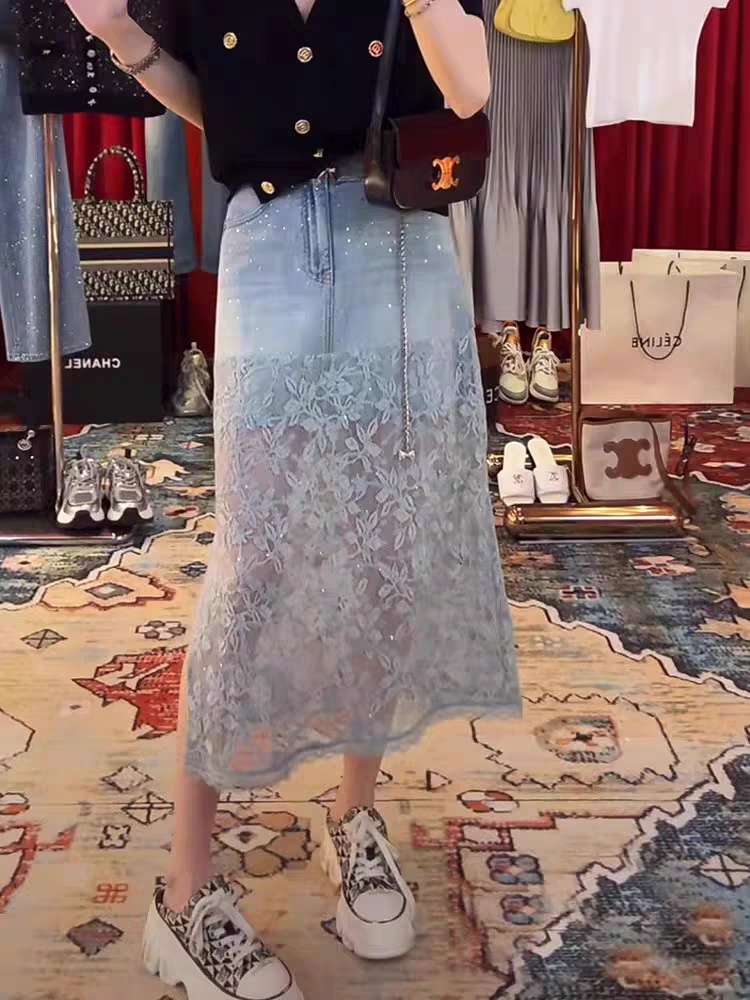 Summer split denim skirt lace rhinestone skirt for women