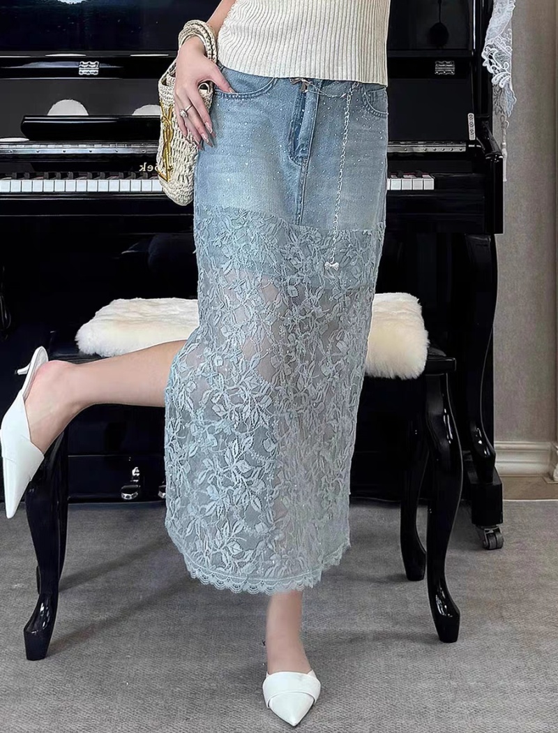 Summer split denim skirt lace rhinestone skirt for women