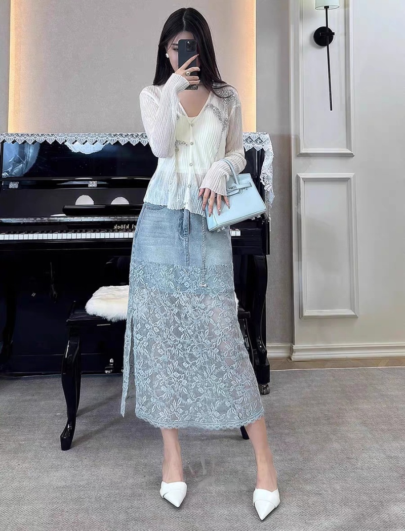 Summer split denim skirt lace rhinestone skirt for women